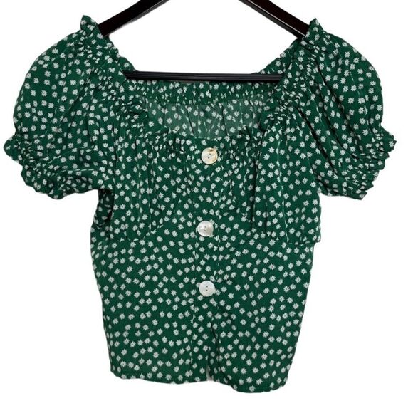 Floral Puffy Sleeve Button Down Crop Top Green and White Size Small - Picture 2 of 6